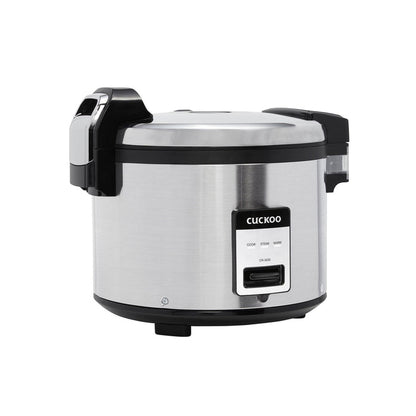 Cuckoo stainless steel rice cooker featuring a black control panel with Cook, Steam, and Warm settings. (CR-3032)