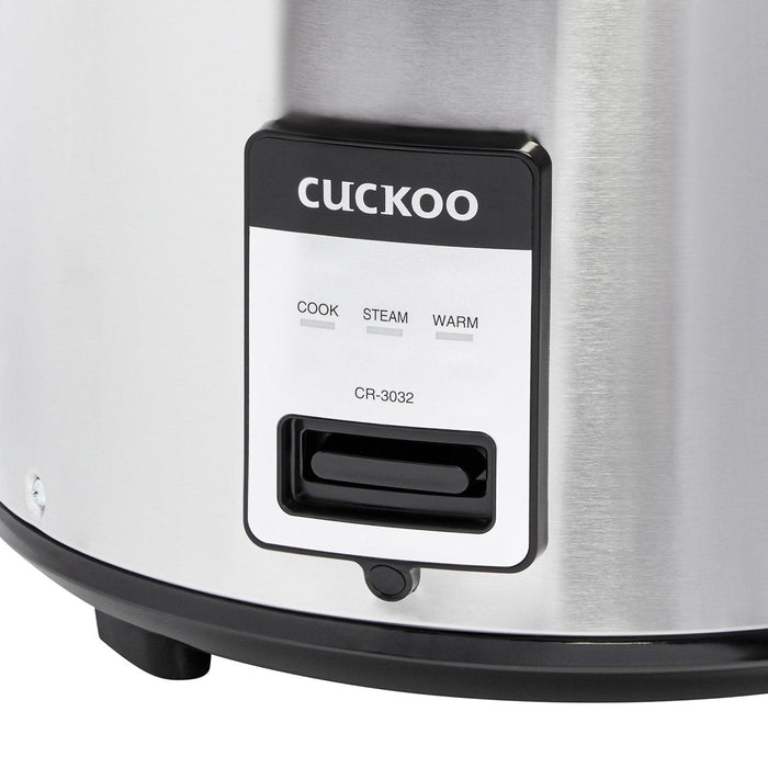 Close-up of a Cuckoo rice cooker control panel featuring the brand logo, model CR-3032, and Cook, Steam, and Warm settings. (CR-3032)