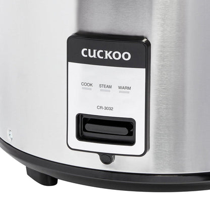 Close-up of a Cuckoo rice cooker control panel featuring the brand logo, model CR-3032, and Cook, Steam, and Warm settings. (CR-3032)