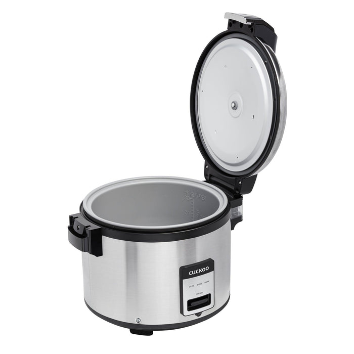 Cuckoo stainless steel rice cooker with its lid open, revealing the empty interior pot and control panel settings. (CR-3032)