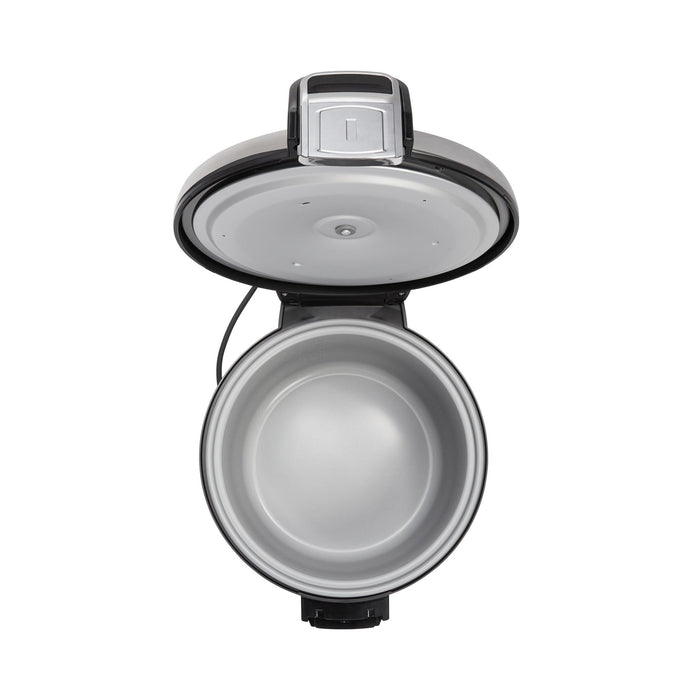 Top-down view of an open Cuckoo rice cooker, showing the empty inner cooking pot and the interior of the lid. (CR-3032)