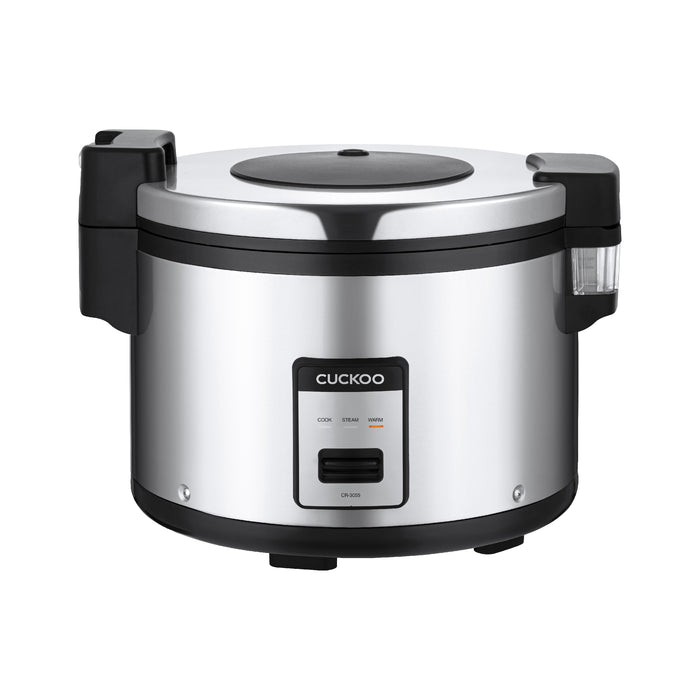 Stainless steel Cuckoo rice cooker with side handles, a condensation collector, and a front control panel. (CR-3055)