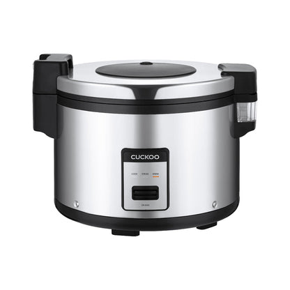 Stainless steel Cuckoo rice cooker with side handles, a condensation collector, and a front control panel. (CR-3055)