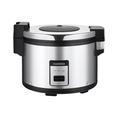 Stainless steel Cuckoo rice cooker with side handles, a condensation collector, and a front control panel. (CR-3055)