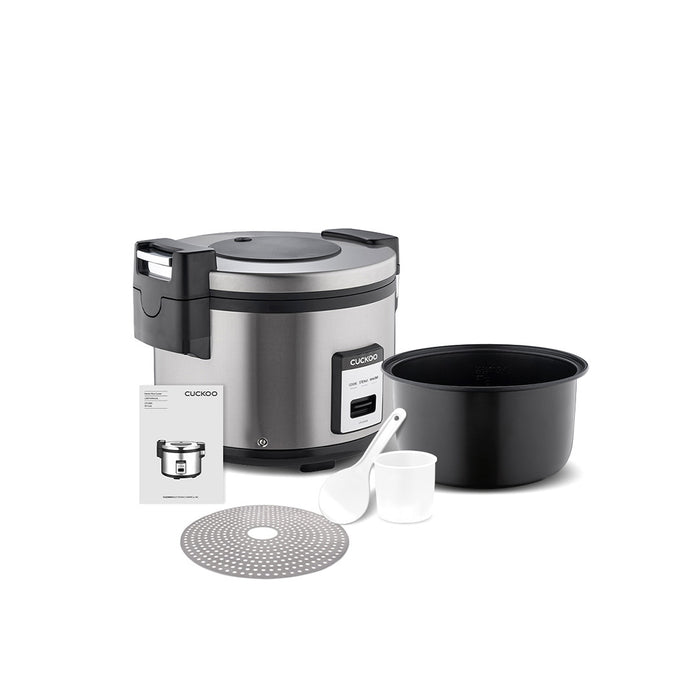 Stainless Cuckoo rice cooker with inner pot, steaming tray, spatula, measuring cup, and manual. (CR-3055)