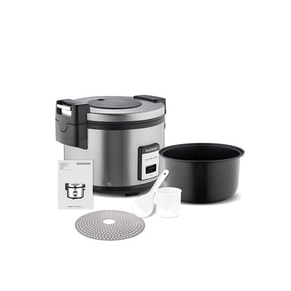 Stainless Cuckoo rice cooker with inner pot, steaming tray, spatula, measuring cup, and manual. (CR-3055)