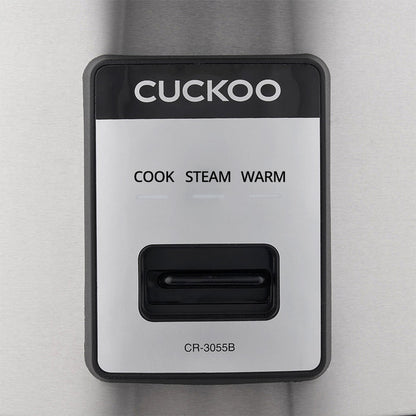 Close-up of Cuckoo control panel showing Cook, Steam, and Warm settings with a central selection switch and model CR-3055B. (CR-3055)