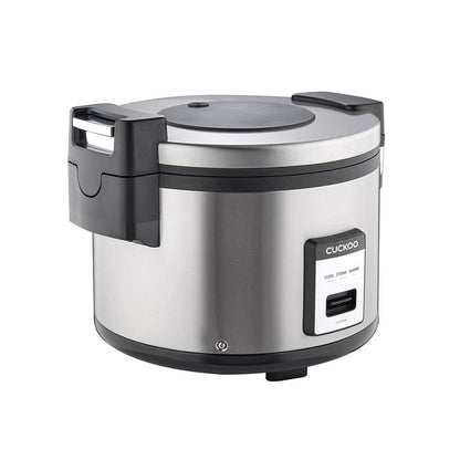 Stainless steel Cuckoo rice cooker featuring locking side handles and a front control panel with cook, steam, and warm. (CR-3055)