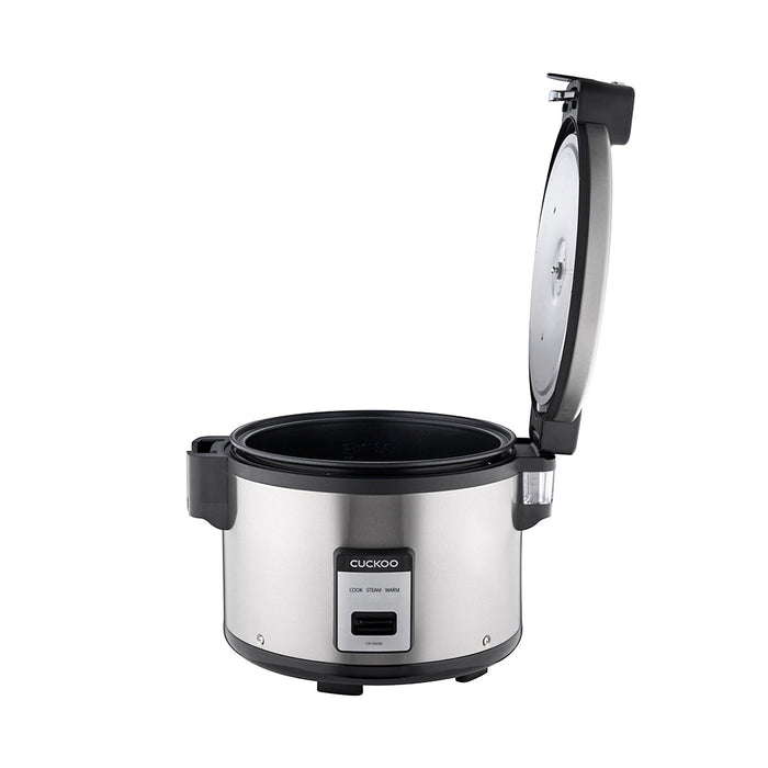 Stainless steel Cuckoo rice cooker with its lid opened, showcasing the interior cavity and front-facing control panel. (CR-3055)