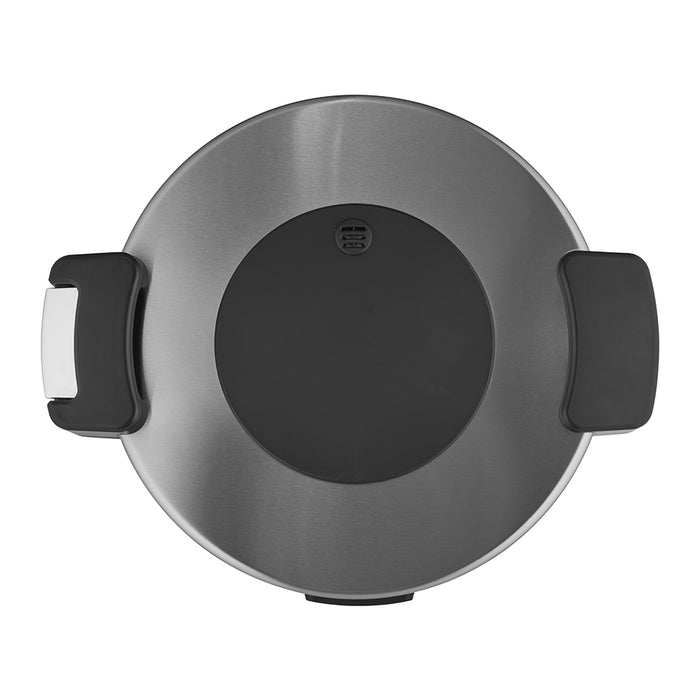 Top-down view of a stainless steel appliance lid with black locking side handles and a central black steam vent. (CR-3055)