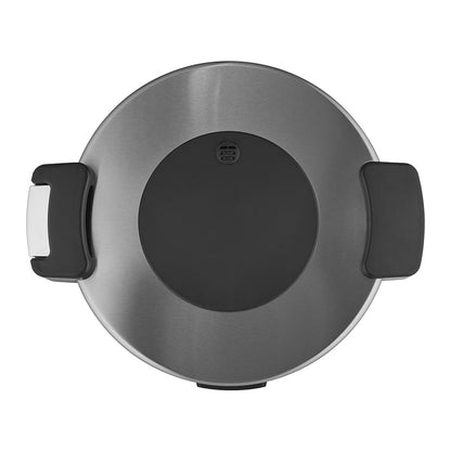 Top-down view of a stainless steel appliance lid with black locking side handles and a central black steam vent. (CR-3055)