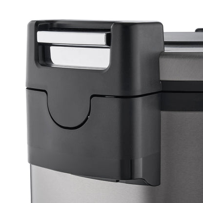 Close-up of a black locking latch mechanism with a silver accent, used to secure the lid of the stainless steel appliance. (CR-3055)