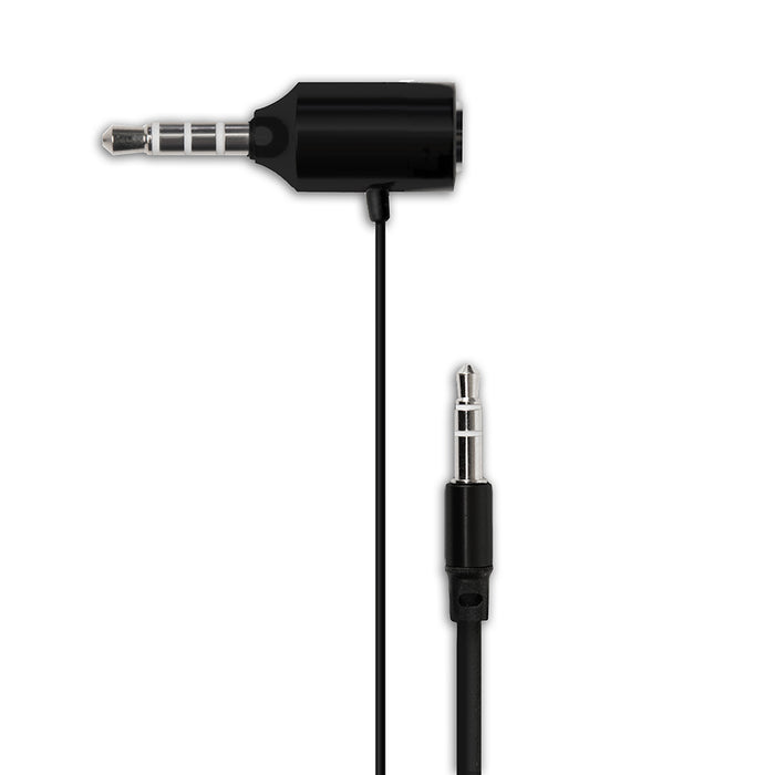 Black audio adapter cable with a right angle 3.5mm jack and a straight 3.5mm jack