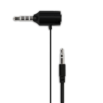 Black audio adapter cable with a right angle 3.5mm jack and a straight 3.5mm jack