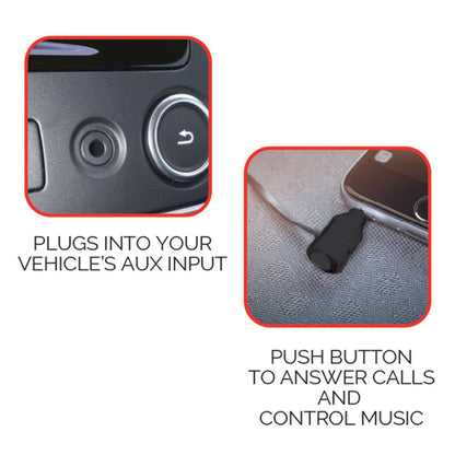 Auxiliary adapter plugging into a vehicle port and a smartphone with a control button