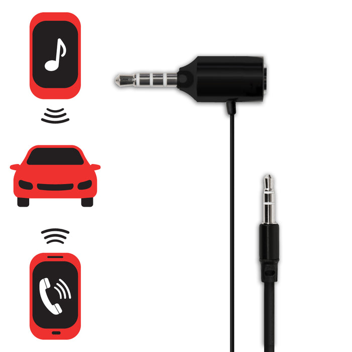 Auxiliary cable adapter with icons representing music and phone calls in a car