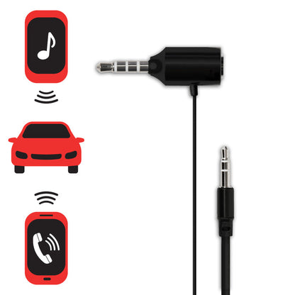 Auxiliary cable adapter with icons representing music and phone calls in a car