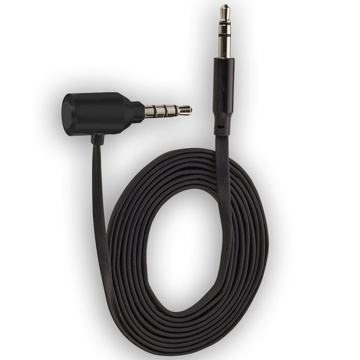 Black audio cable with a straight 3.5mm jack on one end and a right angle 3.5mm jack on the other
