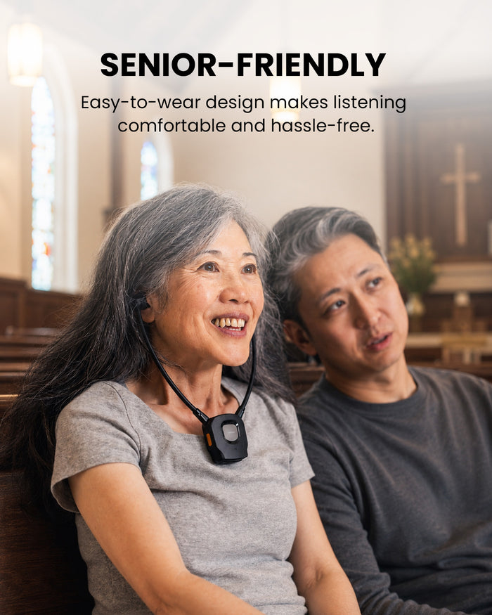 391 Auracast Personal Receiver for Seniors, ideal for churches, museums, and venues, with senior-friendly earbuds for comfortable, hassle-free listening.