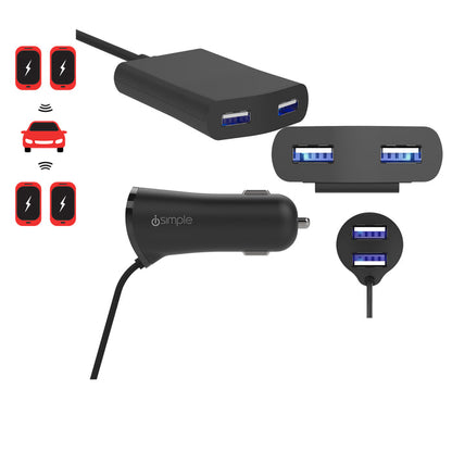 A black iSimple car charger with a dual-hub design, featuring four USB ports for charging devices. The image shows the charger with adhesive for mounting on a car's center console and includes a cable with a car illustration in the background, indicating the product's use for vehicle charging.