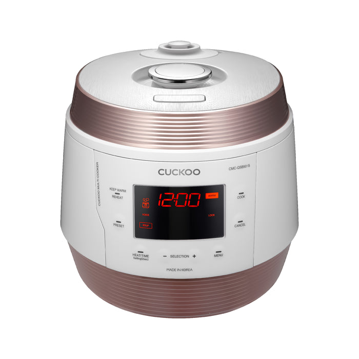 CUCKOO rice cooker in a white and rose gold finish, featuring a digital display panel and top-mounted steam release valve. (CMC-QSB501S)