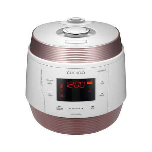 CUCKOO rice cooker in a white and rose gold finish, featuring a digital display panel and top-mounted steam release valve. (CMC-QSB501S)