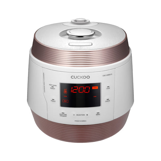 CUCKOO rice cooker in a white and rose gold finish, featuring a digital display panel and top-mounted steam release valve. (CMC-QSB501S)