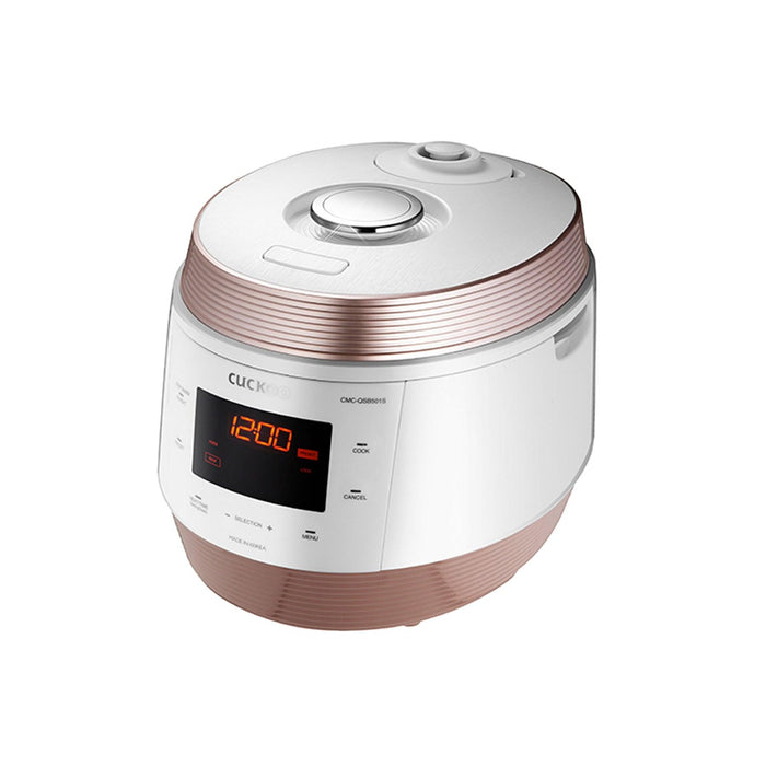 CUCKOO rice cooker in a white and rose gold finish, featuring a digital display, touch control panel, and steam valve. (CMC-QSB501S)