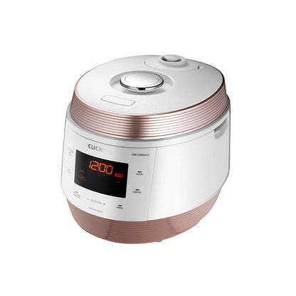 CUCKOO rice cooker in a white and rose gold finish, featuring a digital display, touch control panel, and steam valve. (CMC-QSB501S)