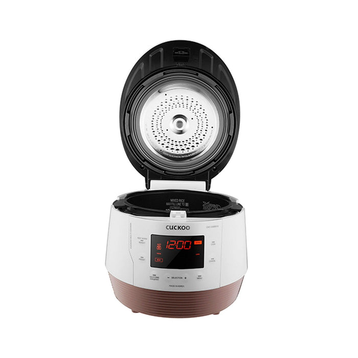 CUCKOO rice cooker with its lid open, revealing the interior pot and detachable inner cover plate. (CMC-QSB501S)
