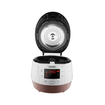 CUCKOO rice cooker with its lid open, revealing the interior pot and detachable inner cover plate. (CMC-QSB501S)
