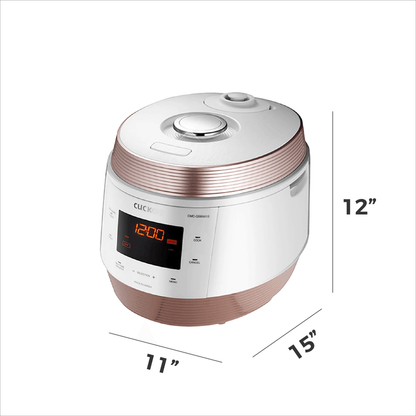 CUCKOO rice cooker showing dimensions of 11 inches wide, 15 inches deep, and 12 inches high. (CMC-QSB501S)