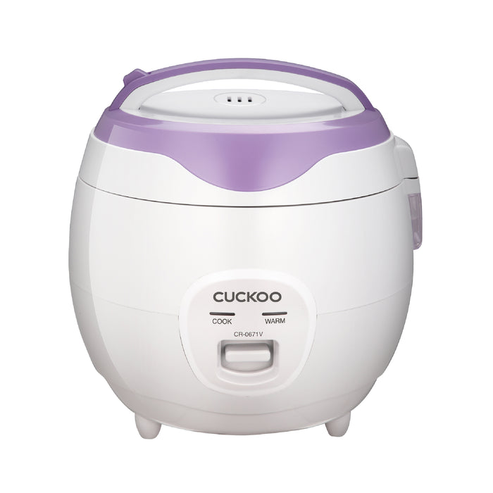 Cuckoo CR-0671V rice cooker in white and purple, featuring a simple front-panel switch for Cook and Warm modes. (CR-0671V)