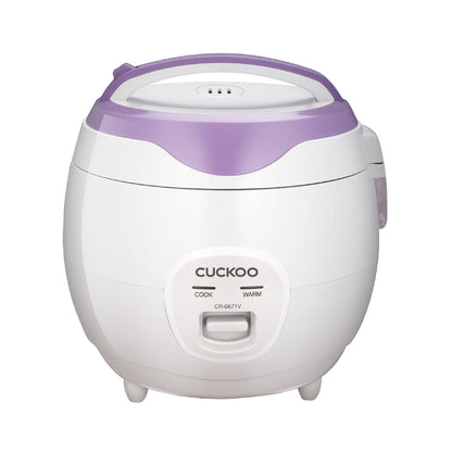 Cuckoo CR-0671V rice cooker in white and purple, featuring a simple front-panel switch for Cook and Warm modes. (CR-0671V)
