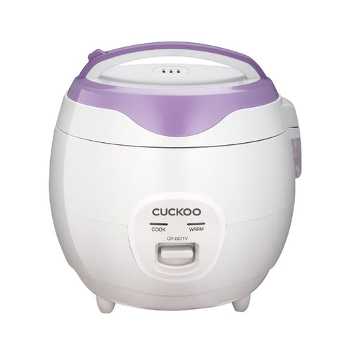 Cuckoo CR-0671V rice cooker in white and purple, featuring a simple front-panel switch for Cook and Warm modes. (CR-0671V)