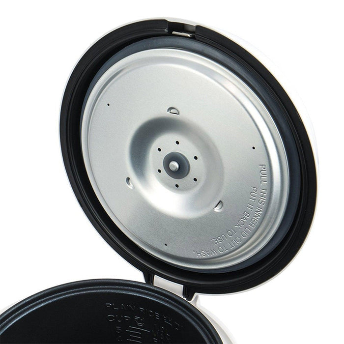 Cuckoo rice cooker with its open lid, showing the detachable stainless steel inner lid designed for easy cleaning. (CR-0671V)