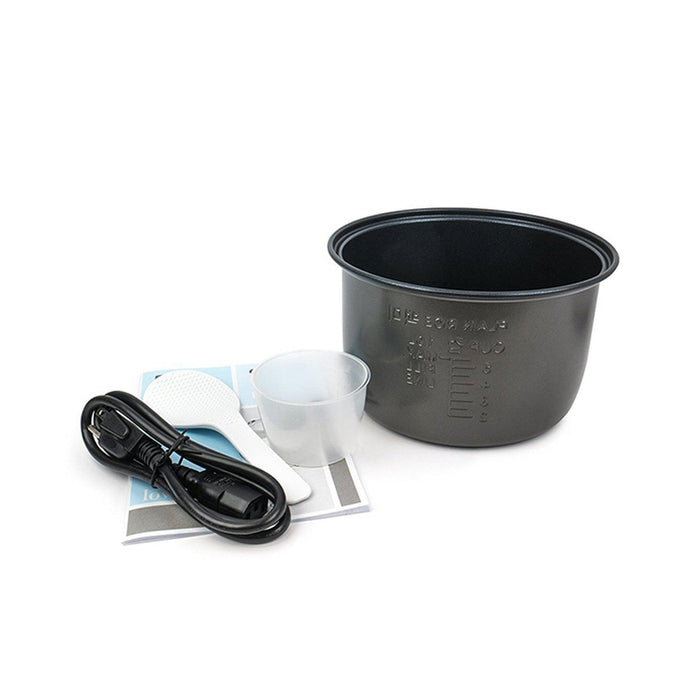 Cuckoo rice cooker accessories including a non-stick inner pot, measuring cup, rice spatula, power cord, and user manual. (CR-0671V)