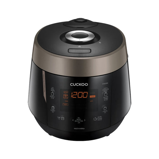 CUCKOO rice cooker in Black and Copper, featuring digital display panel, touch-sensitive function buttons, and sleek design. (CRP-P0609S)