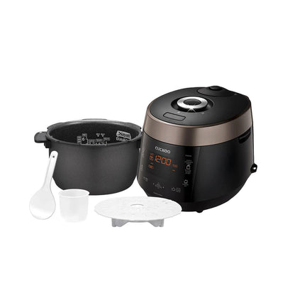 CUCKOO rice cooker in black and copper, including an X-wall inner pot, spatula, measuring cup, and steam tray. (CRP-P0609S)