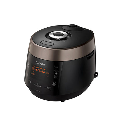 CUCKOO pressure rice cooker in black and copper, featuring a digital display, touch-control panel, and modern design. (CRP-P0609S)