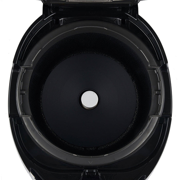 Top-down view of an empty CUCKOO rice cooker cavity, highlighting the black interior and the central silver heating plate. (CRP-P0609S)