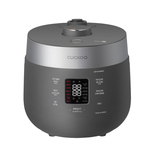 Dark grey Cuckoo Twin Pressure rice cooker CRP-ST0609FG with silver accents and a central digital display panel. (CRP-ST0609F)