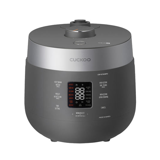 Dark grey Cuckoo Twin Pressure rice cooker CRP-ST0609FG with silver accents and a central digital display panel. (CRP-ST0609F)