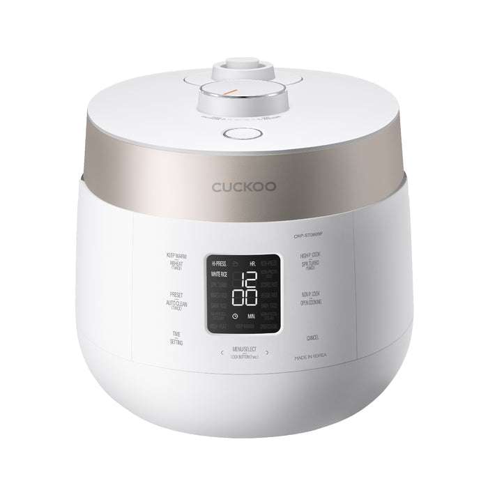 White Cuckoo Twin Pressure rice cooker CRP-ST0609F featuring a gold-toned rim, top pressure dial, and digital LED display. (CRP-ST0609F)