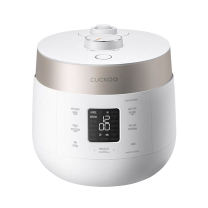 White Cuckoo Twin Pressure rice cooker CRP-ST0609F featuring a gold-toned rim, top pressure dial, and digital LED display. (CRP-ST0609F)
