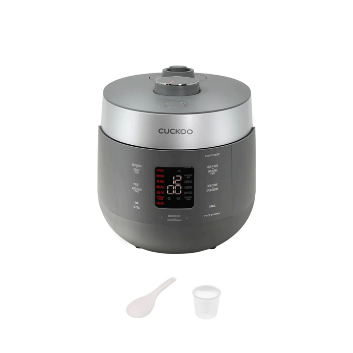 Dark grey Cuckoo Twin Pressure rice cooker with included measuring cup and rice spatula. (CRP-ST0609F)