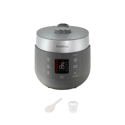 Dark grey Cuckoo Twin Pressure rice cooker with included measuring cup and rice spatula. (CRP-ST0609F)