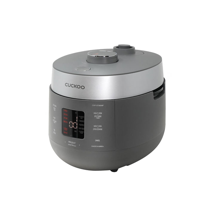 Cuckoo Twin Pressure rice cooker CRP-ST0609F in dark grey with a silver lid rim and digital front control panel. (CRP-ST0609F)