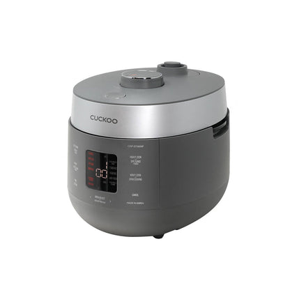 Cuckoo Twin Pressure rice cooker CRP-ST0609F in dark grey with a silver lid rim and digital front control panel. (CRP-ST0609F)