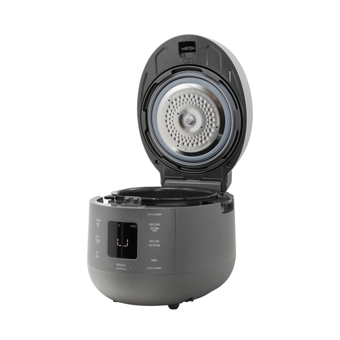 Dark grey Cuckoo Twin Pressure rice cooker CRP-ST0609F with the lid open, showcasing the interior cooking pot and cover. (CRP-ST0609F)